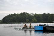 30 August 2024; Katie O’Brien, right, and Tiarnán O’Donnell of Ireland before the PR2 mixed double sculls heats on day two of the Paris 2024 Paralympic Games at Vaires-sur-Marne Nautical Stadium in Paris, France. Photo by Harry Murphy/Sportsfile
