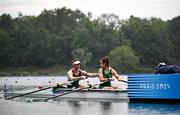 30 August 2024; Katie O’Brien, right, and Tiarnán O’Donnell of Ireland before the PR2 mixed double sculls heats on day two of the Paris 2024 Paralympic Games at Vaires-sur-Marne Nautical Stadium in Paris, France. Photo by Harry Murphy/Sportsfile