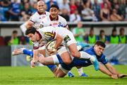 30 August 2024; Joey Carbery of Bordeaux-Bègles is tackled by Ben Brownlee of Leinster warms up before the pre-season friendly rugby union match between Bordeaux-Bègles and Leinster at Stade Chaban-Delmas in Bordeaux, France. Photo by Anthony Dibon/Sportsfile
