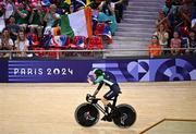31 August 2024; Richael Timothy of Ireland waves to friends and family during the women's C1-3 500m time trial qualifying on day three of the Paris 2024 Paralympic Games at Vélodrome de Saint-Quentin-en-Yvelines in Paris, France. Photo by Harry Murphy/Sportsfile