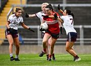 20 July 2024; Hannah Looney of Cork in action against  Charlotte Cooney of Galway, 7, during the TG4 All-Ireland Ladies Football Senior Championship semi-final match between Cork and Galway at Glenisk O’Connor Park in Tullamore, Offaly. Photo by Piaras Ó Mídheach/Sportsfile