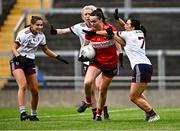 20 July 2024; Hannah Looney of Cork in action against  Charlotte Cooney of Galway, 7, during the TG4 All-Ireland Ladies Football Senior Championship semi-final match between Cork and Galway at Glenisk O’Connor Park in Tullamore, Offaly. Photo by Piaras Ó Mídheach/Sportsfile