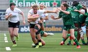 31 August 2024; India Daley of Ulster is tackled by Lily Brady and Grainne Moran of Connacht during the Vodafone Women’s Interprovincial Championship third place play-off match between Ulster and Connacht at the Kingspan Stadium in Belfast. Photo by John Dickson/Sportsfile