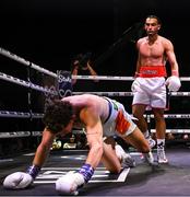31 August 2024; Sami Hamed, right, in action against Jesse Clarke in their welterweight bout during the Misfits Boxing & DAZN X Series at the 3Arena in Dublin. Photo by David Fitzgerald/Sportsfile