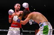 31 August 2024; Sami Hamed, left, in action against Jesse Clarke in their welterweight bout during the Misfits Boxing & DAZN X Series at the 3Arena in Dublin. Photo by David Fitzgerald/Sportsfile