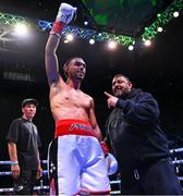 31 August 2024; Sami Hamed with his father 'Prince' Naseem Hamed after winning his welterweight bout against Jesse Clarke during the Misfits Boxing & DAZN X Series at the 3Arena in Dublin. Photo by David Fitzgerald/Sportsfile