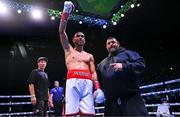 31 August 2024; Sami Hamed with his father 'Prince' Naseem Hamed after winning his welterweight bout against Jesse Clarke during the Misfits Boxing & DAZN X Series at the 3Arena in Dublin. Photo by David Fitzgerald/Sportsfile