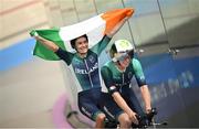 1 September 2024; Katie George Dunlevy, left, and pilot Eve McCrystal of Ireland celebrate after winning silver in the women's 3000m individual pursuit final on day four of the Paris 2024 Paralympic Games at Vélodrome de Saint-Quentin-en-Yvelines in Paris, France. Photo by Ramsey Cardy/Sportsfile
