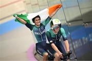 1 September 2024; Katie George Dunlevy, left, and pilot Eve McCrystal of Ireland celebrate after winning silver in the women's 3000m individual pursuit final on day four of the Paris 2024 Paralympic Games at Vélodrome de Saint-Quentin-en-Yvelines in Paris, France. Photo by Ramsey Cardy/Sportsfile
