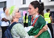 1 September 2024; Katie George Dunlevy of Ireland celebrate with her mother Alana after winning silver in the women's B 3000m individual pursuit final on day four of the Paris 2024 Paralympic Games at Vélodrome de Saint-Quentin-en-Yvelines in Paris, France. Photo by Harry Murphy/Sportsfile