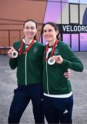 1 September 2024; Katie George Dunlevy, right, and Eve McCrystal of Ireland with their silver medals after the women's B 3000m individual pursuit final on day four of the Paris 2024 Paralympic Games at Vélodrome de Saint-Quentin-en-Yvelines in Paris, France. Photo by Harry Murphy/Sportsfile