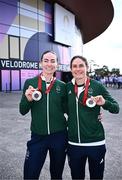 1 September 2024; Katie George Dunlevy, right, and Eve McCrystal of Ireland with their silver medals after the women's B 3000m individual pursuit final on day four of the Paris 2024 Paralympic Games at Vélodrome de Saint-Quentin-en-Yvelines in Paris, France. Photo by Harry Murphy/Sportsfile