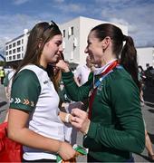 1 September 2024; Eve McCrystal of Ireland, right, with daughter Ava after winning silver in the women's B 3000m individual pursuit final on day four of the Paris 2024 Paralympic Games at Vélodrome de Saint-Quentin-en-Yvelines in Paris, France. Photo by Harry Murphy/Sportsfile