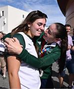1 September 2024; Eve McCrystal of Ireland, right, with daughter Ava after winning silver in the women's B 3000m individual pursuit final on day four of the Paris 2024 Paralympic Games at Vélodrome de Saint-Quentin-en-Yvelines in Paris, France. Photo by Harry Murphy/Sportsfile