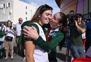 1 September 2024; Eve McCrystal of Ireland, right, with daughter Ava after winning silver in the women's B 3000m individual pursuit final on day four of the Paris 2024 Paralympic Games at Vélodrome de Saint-Quentin-en-Yvelines in Paris, France. Photo by Harry Murphy/Sportsfile