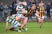 1 September 2024; Aaron O'Neill of Crossmaglen Rangers in action against James McAlinden of High Moss Sarsfields during the Armagh Senior Club Football Championship Group B second round match between High Moss Sarsfields and Crossmaglen Rangers at Fr. Dan McGeown Park in Derrytrasna, Armagh. Photo by Piaras Ó Mídheach/Sportsfile