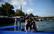 2 September 2024; Chloe MacCombe, obscured, and guide Catherine A Sands of Ireland in action during the women's PTVI race on day five of the Paris 2024 Paralympic Games at Pont Alexandre III in Paris, France. Photo by Ramsey Cardy/Sportsfile
