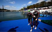 2 September 2024; Chloe MacCombe, left, and guide Catherine A Sands of Ireland before the women's PTVI race on day five of the Paris 2024 Paralympic Games at Pont Alexandre III in Paris, France. Photo by Ramsey Cardy/Sportsfile