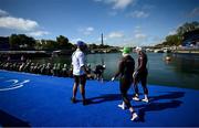 2 September 2024; Judith MacCombe, left, and guide Eimear Nicholls of Ireland make their way to the start before the women's PTVI race on day five of the Paris 2024 Paralympic Games at Pont Alexandre III in Paris, France. Photo by Ramsey Cardy/Sportsfile