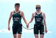 2 September 2024; Judith MacCombe, right, and guide Eimear Nicholls of Ireland after finishing in eighth place during the women's PTVI race on day five of the Paris 2024 Paralympic Games at Pont Alexandre III in Paris, France. Photo by Ramsey Cardy/Sportsfile