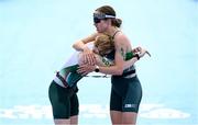 2 September 2024; Chloe MacCombe, left, and guide Catherine A Sands of Ireland after finishing in sixth place in the women's PTVI race on day five of the Paris 2024 Paralympic Games at Pont Alexandre III in Paris, France. Photo by Ramsey Cardy/Sportsfile