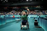 2 September 2024; Colin Judge of Ireland waves to supporters after his loss to Feng Panfeng of China in their men's singles MS11 round of 16 match on day five of the Paris 2024 Paralympic Games at South Paris Arena in Paris, France. Photo by Harry Murphy/Sportsfile