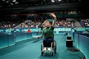 2 September 2024; Colin Judge of Ireland waves to supporters after his loss to Feng Panfeng of China in their men's singles MS11 round of 16 match on day five of the Paris 2024 Paralympic Games at South Paris Arena in Paris, France. Photo by Harry Murphy/Sportsfile