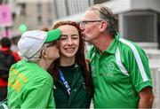 3 September 2024; Ellen Keane of Ireland with her parents Eddie and Laura after the women's S9 100m backstroke heats on day six of the Paris 2024 Paralympic Games at La Defense Arena in Paris, France. Photo by Ramsey Cardy/Sportsfile
