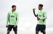 3 September 2024; Kasey McAteer, left, and Callum Robinson during a Republic of Ireland training session at the FAI National Training Centre in Abbotstown, Dublin. Photo by Stephen McCarthy/Sportsfile