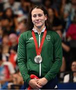 3 September 2024; Róisín Ní Riain of Ireland celebrates after winning bronze in the Women's 200m Individual Medley SM13 Final on day six of the Paris 2024 Paralympic Games at La Defense Arena in Paris, France. Photo by Ramsey Cardy/Sportsfile