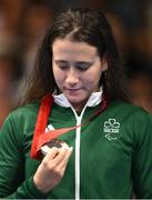 3 September 2024; Róisín Ní Riain of Ireland celebrates after winning bronze in the Women's 200m Individual Medley SM13 Final on day six of the Paris 2024 Paralympic Games at La Defense Arena in Paris, France. Photo by Ramsey Cardy/Sportsfile