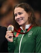 3 September 2024; Róisín Ní Riain of Ireland celebrates after winning bronze in the Women's 200m Individual Medley SM13 Final on day six of the Paris 2024 Paralympic Games at La Defense Arena in Paris, France. Photo by Ramsey Cardy/Sportsfile