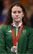 3 September 2024; Róisín Ní Riain of Ireland celebrates after winning bronze in the Women's 200m Individual Medley SM13 Final on day six of the Paris 2024 Paralympic Games at La Defense Arena in Paris, France. Photo by Ramsey Cardy/Sportsfile