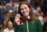 3 September 2024; Róisín Ní Riain of Ireland celebrates after winning bronze in the Women's 200m Individual Medley SM13 Final on day six of the Paris 2024 Paralympic Games at La Defense Arena in Paris, France. Photo by Ramsey Cardy/Sportsfile
