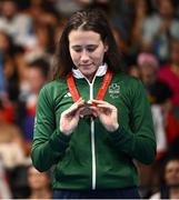 3 September 2024; Róisín Ní Riain of Ireland celebrates after winning bronze in the Women's 200m Individual Medley SM13 Final on day six of the Paris 2024 Paralympic Games at La Defense Arena in Paris, France. Photo by Ramsey Cardy/Sportsfile