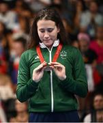 3 September 2024; Róisín Ní Riain of Ireland celebrates after winning bronze in the Women's 200m Individual Medley SM13 Final on day six of the Paris 2024 Paralympic Games at La Defense Arena in Paris, France. Photo by Ramsey Cardy/Sportsfile