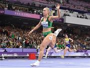 3 September 2024; Orla Comerford of Ireland crosses the line to finish third and win a bronze medal in the women's T13 100m final on day six of the Paris 2024 Paralympic Games at Stade de France in Paris, France. Photo by Harry Murphy/Sportsfile