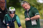 4 September 2024; Richael Timothy of Ireland with coach Peter Alexander before the women's C1-3 individual time trial on day seven of the Paris 2024 Paralympic Games at Clichy-sous-bois in Paris, France. Photo by Ramsey Cardy/Sportsfile
