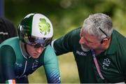 4 September 2024; Richael Timothy of Ireland with coach Peter Alexander before the women's C1-3 individual time trial on day seven of the Paris 2024 Paralympic Games at Clichy-sous-bois in Paris, France. Photo by Ramsey Cardy/Sportsfile