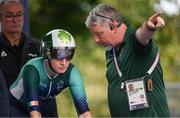 4 September 2024; Richael Timothy of Ireland with coach Peter Alexander before the women's C1-3 individual time trial on day seven of the Paris 2024 Paralympic Games at Clichy-sous-bois in Paris, France. Photo by Ramsey Cardy/Sportsfile