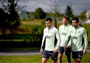 4 September 2024; Players, from left, Jason Knight, Kasey McAteer and Seamus Coleman arrive for a Republic of Ireland training session at the FAI National Training Centre in Abbotstown, Dublin. Photo by Stephen McCarthy/Sportsfile