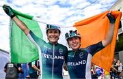 6 September 2024; Katie-George Dunlevy, left, and pilot Linda Kelly of Ireland celebrate after finishing second in the Women's B road race on day nine of the Paris 2024 Paralympic Games at Clichy-sous- Bois in Paris, France. Photo by Harry Murphy/Sportsfile