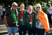 6 September 2024; Katie-George Dunlevy of Ireland, second from left. with pilot Linda Kelly and parents John and Alana after winning silver in the women's B road race on day nine of the Paris 2024 Paralympic Games at Clichy-sous-bois in Paris, France. Photo by Harry Murphy/Sportsfile