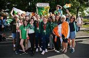 6 September 2024; Katie-George Dunlevy and pilot Linda Kelly of Ireland, centre, with friends and family after winning silver in the women's B road race on day nine of the Paris 2024 Paralympic Games at Clichy-sous-bois in Paris, France. Photo by Harry Murphy/Sportsfile