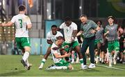 6 September 2024; Sam Curtis of Republic of Ireland, centre, celebrates with teammates Aidomo Emakhu, 19, Sinclair Armstrong and head coach Jim Crawford after scoring his side's first goal during the UEFA European U21 Championship qualifier match between Turkiye and Republic of Ireland at Esenler Stadium in Istanbul, Turkey. Photo by Gokhan Kilincer/Sportsfile