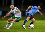 6 September 2024; Sean Brennan of UCD in action against Sean Murray of Cork City during the SSE Airtricity Men's First Division match between UCD and Cork City at UCD Bowl in Belfield, Dublin. Photo by David Fitzgerald/Sportsfile
