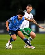 6 September 2024; Sean Brennan of UCD in action against Sean Murray of Cork City during the SSE Airtricity Men's First Division match between UCD and Cork City at UCD Bowl in Belfield, Dublin. Photo by David Fitzgerald/Sportsfile