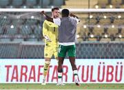 6 September 2024; Republic of Ireland goalkeeper Joshua  Keeley celebrates with teammate Aidomo  Emakhu after the UEFA European U21 Championship qualifier match between Turkiye and Republic of Ireland at Esenler Stadium in Istanbul, Turkey. Photo by Gokhan Kilincer/Sportsfile