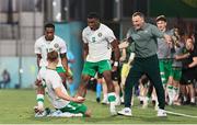 6 September 2024; Sam Curtis of Republic of Ireland, left, celebrates with teammates Aidomo Emakhu, Sinclair Armstrong, 9, and head coach Jim Crawford after scoring his side's first goal during the UEFA European U21 Championship qualifier match between Turkiye and Republic of Ireland at Esenler Stadium in Istanbul, Turkey. Photo by Gokhan Kilincer/Sportsfile