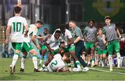 6 September 2024; Sam Curtis of Republic of Ireland, centre, celebrates with teammates, including Aidomo Emakhu, Sinclair Armstrong and head coach Jim Crawford, after scoring his side's first goal during the UEFA European U21 Championship qualifier match between Turkiye and Republic of Ireland at Esenler Stadium in Istanbul, Turkey. Photo by Gokhan Kilincer/Sportsfile